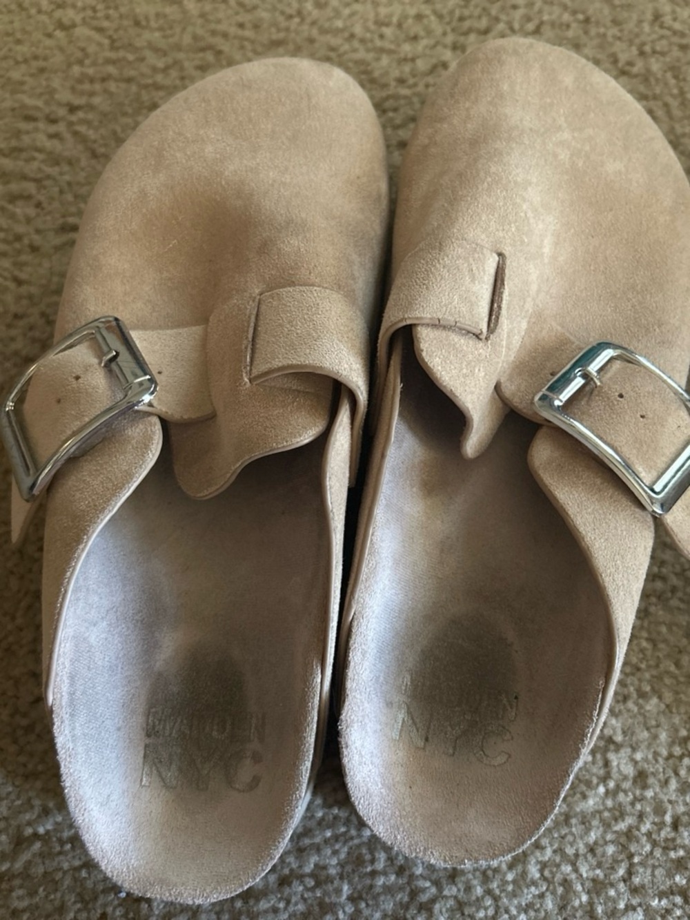 Suede Slip-On Clogs with Buckle in Taupe